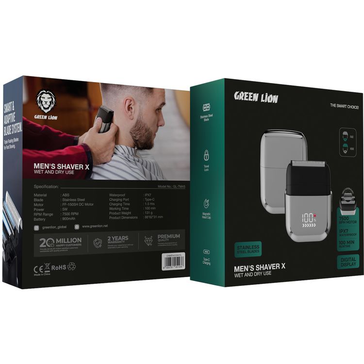 Green Lion Men's Shaver X with Wet & Dry Use, Magnetic Head Cap, Stainless Steel Blade, Travel Lock, 7500RPM Motor, 900mAh Battery Capacity, Type-C Charging - Silver