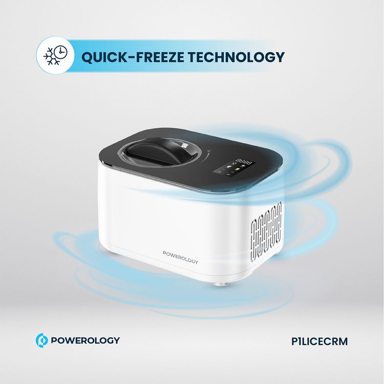 Powerology Ice Cream & Frozen Yogurt Machine with 4 Mixing Modes, 1L Capacity, 50 to 60 Minutes Preparation Time, Low-Noise Operation, 100W Cooling Power - White