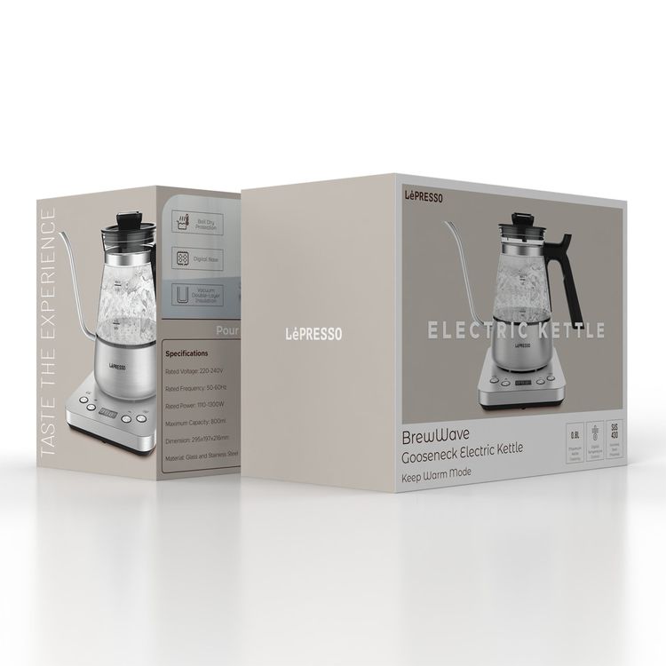 LePresso BrewWave Gooseneck Electric Kettle with Digital Base, Keep Warm Function, 800mL Capacity, Vacuum Double-Layer Insulation, Digital Temperature Control, Boil Dry Protection - Silver