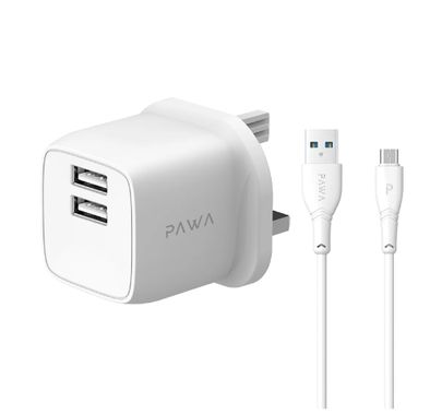 شاحن سفر PAWA PocketMini ثنائي USB بمعايير المملكة المتحدة من UAB-A إلى كابل Micro - أبيض