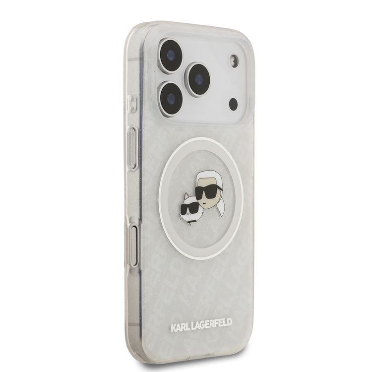 Karl Lagerfeld MagSafe IML Glitter & KL Repeated Case with Karl & Choupette for iPhone 17 Pro, Slim Profile, Drop Protection, Easy Snap-On, Sustainable Packaging, Comfortable Grip, Lightweight Design - White