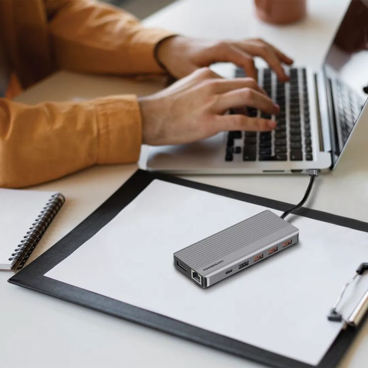 Powerology 13-in-1 USB-C Hub, 4K, HDMI, Type-C, 100W PD, Ethernet, USB SD MicroSD, 3.5 AUX - Gray