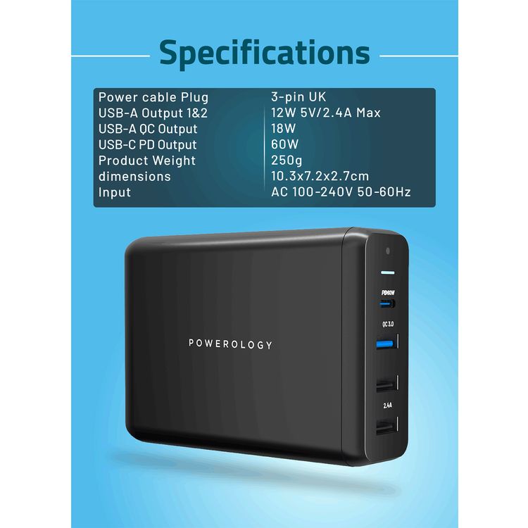 Powerology 4-Port Quick Charge Power Terminal with 75W Power Delivery, Simultaneous Charging, QC 18W, PD 60W, 0%-60% Charge in 35 Minutes, UK 3-Pin Plug - Black