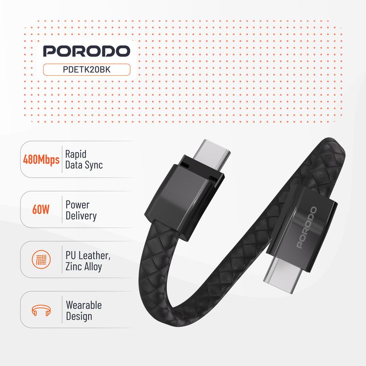 Porodo USB-C to USB-C Wristband Cable with Magnetic Steel Clasp, 60W Power Delivery, 480Mbps Data Transfer Speed, Wearable Design, 20cm Cable Length, PU Leather & Zinc Alloy Material - Black