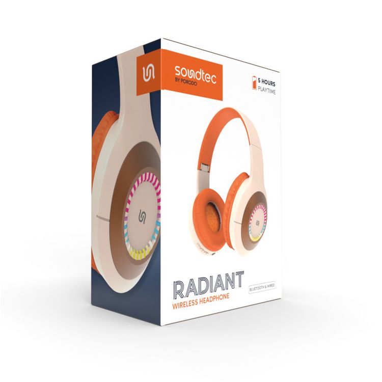 Porodo Soundtec Radiant Wireless Headphones with 6 Hours Playtime, Type-C Charging, Convenient Controls,  3.5mm Jack, LED Light, 120 Hours Standby Time, Android and iOS Compatibility - Beige/Orange