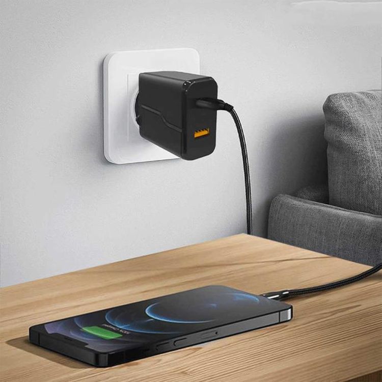 Porodo Dual Port Wall Charger with 20W Power Delivery, QC 18W, Fire Retardant Material, Overcurrent Protection, UK 3-Pin Plug, Built-in Protective Mechanisms - Black