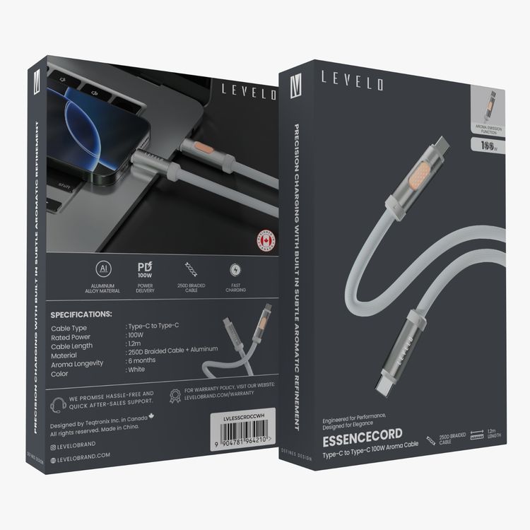 Levelo Essencecord USB-C to USB-C Cable, 100W Power Delivery, Aroma Emission Function with 6 Month Longevity, Fast Charge Support, Tangle-Free Design - White