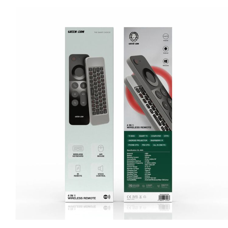 Green Lion 4 in 1 Wireless Remote with Keyboard, Air Mouse, Ir Remote, Voice Control, 250mAh Battery - Black