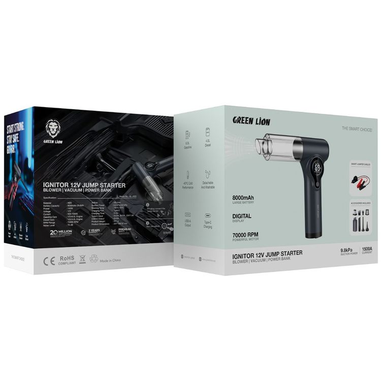 Green Lion Ignitor 12V Jump Starter with Blower, Vacuum & Power Bank Functions, ABS Material, 140W Power, 70000RPM Range, Detachable & Washable Nozzles, Digital Display - Gray