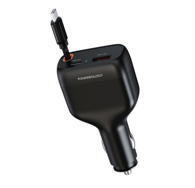 Powerology Cyber 81W USB-C Retractable Car  Charger with 45W Retractable USB-C Cable, PD 30W, QC 18W,  USB-A & USB-C Ports, 81W Total Output - Black 