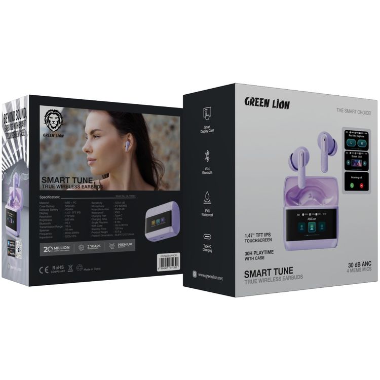 Green Lion Smart Tune True Wireless Earbuds with ANC, Smart Display Case, 500mAh Case Battery Capacity, 10m Transmission Range, IPX5 Waterproof -  Purple