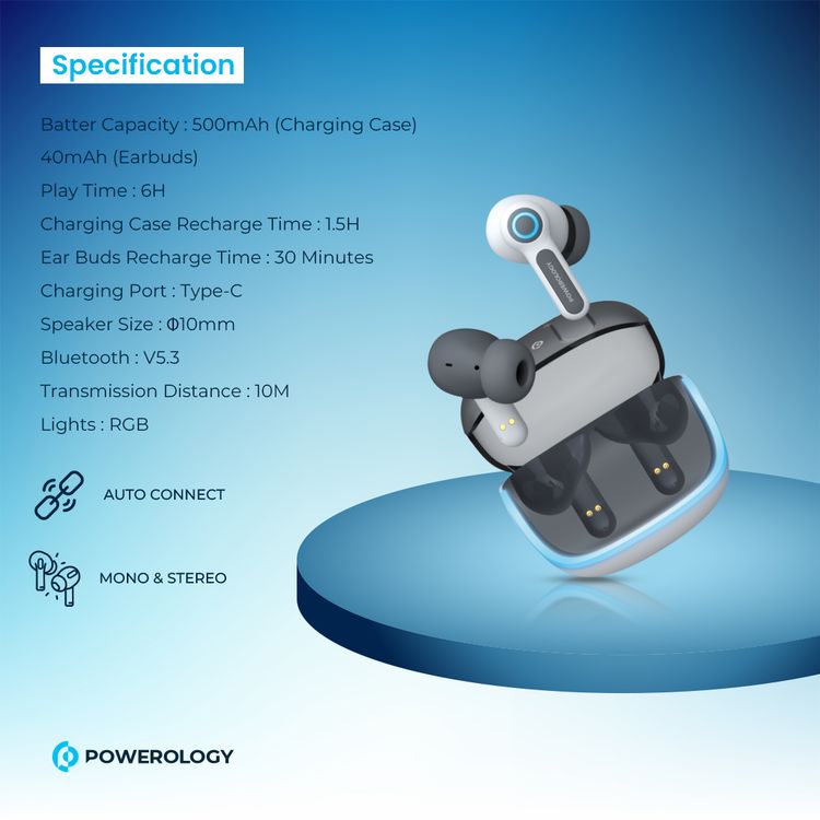 سماعات أذن لاسلكية Powerology Quad Mic ENC True، وقت تشغيل يصل إلى 6 ساعات، بلوتوث 5.3، شحن من النوع C، مسافة نقل 10 أمتار، أضواء RGB - أبيض