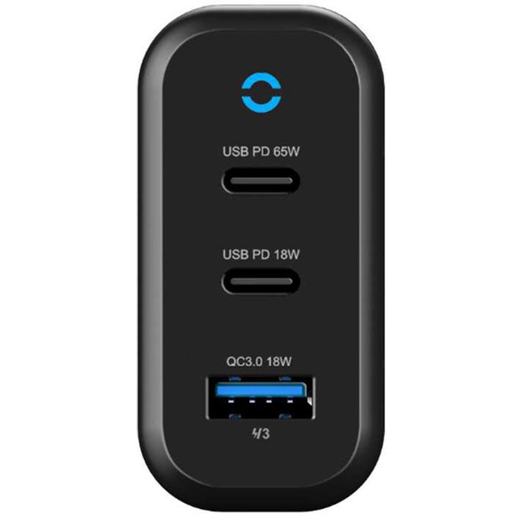 شاحن Powerology Compact 3-Output EU GaN بقوة 65 واط لتوصيل الطاقة، متوافق مع شحن الكمبيوتر المحمول، شريك موثوق، شحن من 0٪ إلى 60٪ في 35 دقيقة - أسود.