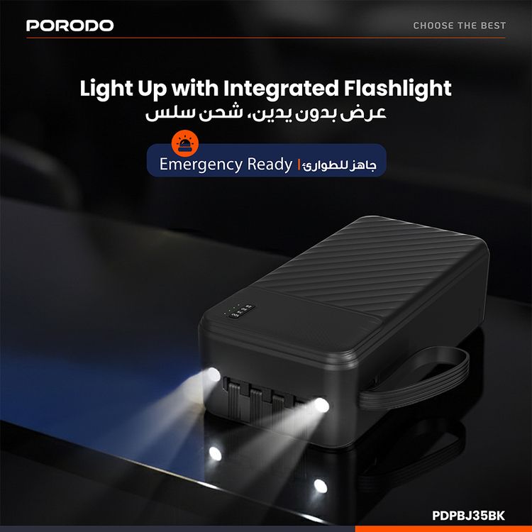 Porodo Piano 30000mAh Power Bank with Flashlight, Portable Handle, Phone Stand, 4 Integrated Cables, USB-A & USB-C & Micro Ports, Fast Charge Support, Universal Compatibility - Black