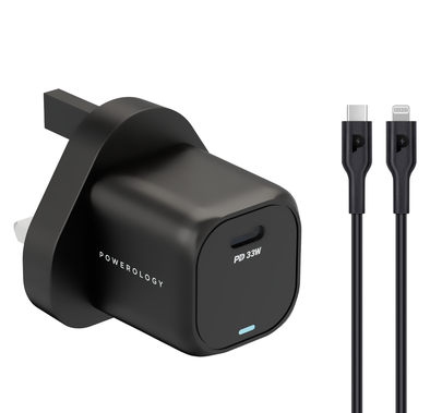 Powerology 33W GaN PD Charger With 1.2m/3.9ft USB-C To US...