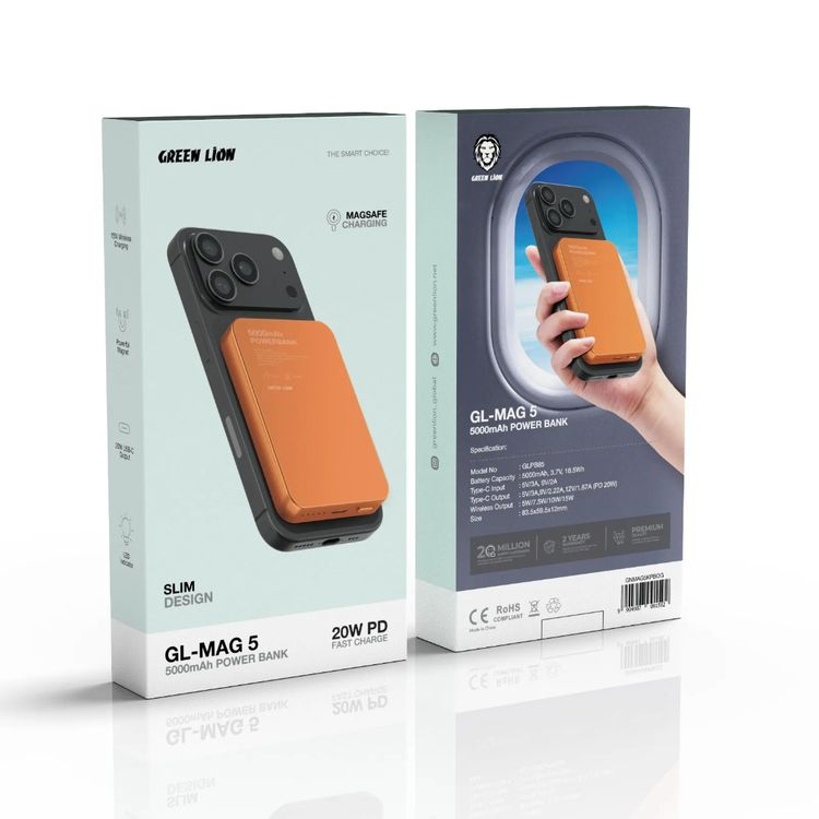Green Lion GL-MAG 5000mAh Power Bank with 20W Power Delivery, MagSafe Charging, LED Indicator, 15W Wireless Charging, Slim Design - Orange