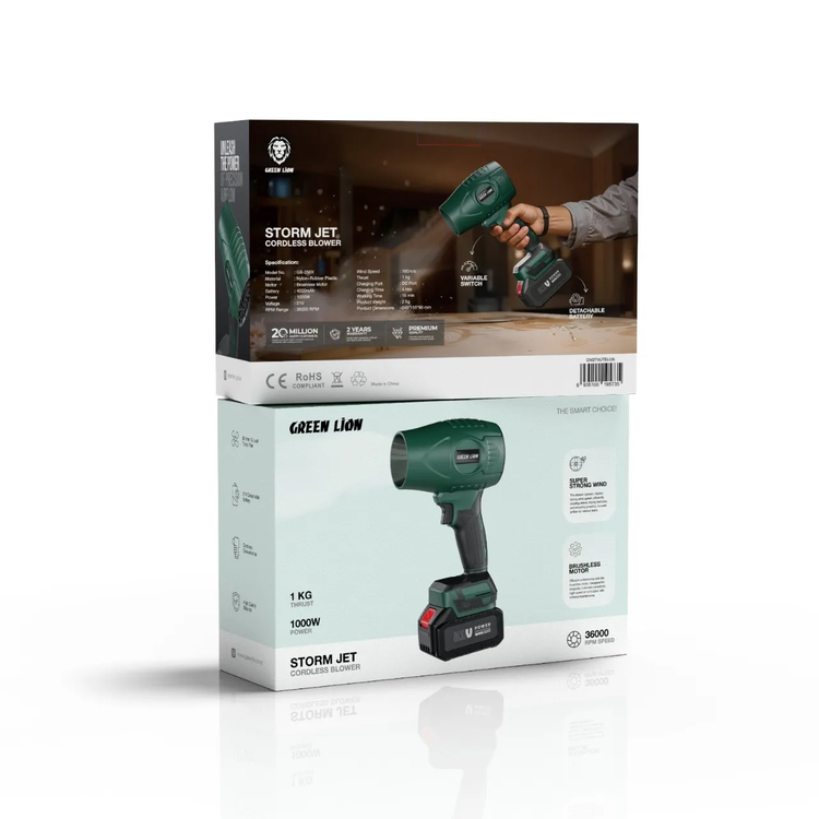 منفاخ Green Lion Storm Jet اللاسلكي مع بطارية قابلة للفصل 21V، محرك بدون فرشاة ورياح فائقة القوة، مدى 36,000 دورة في الدقيقة، قوة 1000 واط - أخضر