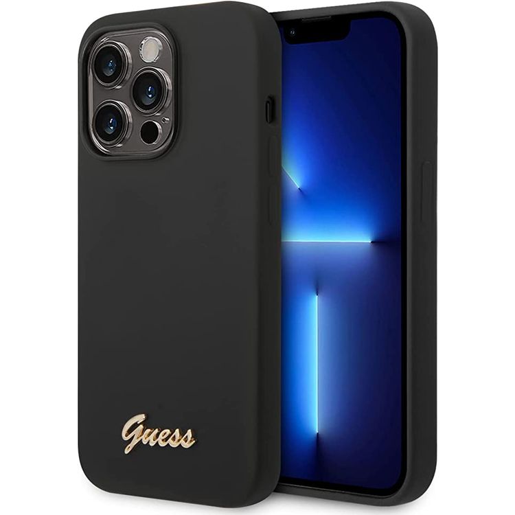 Guess Liquid Silicone Case With PC Camera Outline & Script Metal Logo - iPhone 14 Pro Max - Black