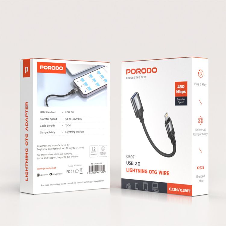Porodo Lightning OTG Wire, 12cm Cable Length, Up to 480Mbps Data Transfer Speed, Braided Cable, Compatible with Lightning Devices, Plug and Play - Black