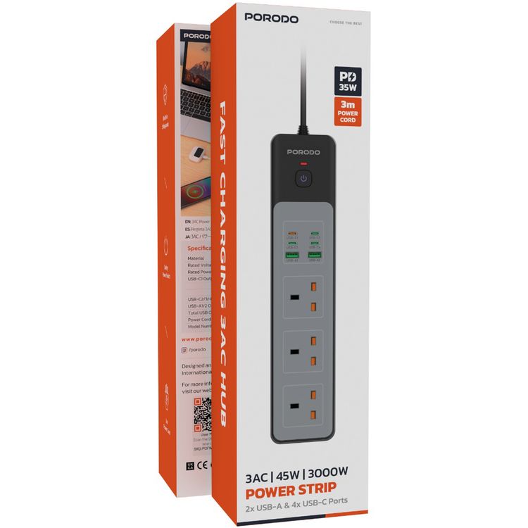 Porodo 3AC Power Socket with 2USB-A & 4USB-C, 3000W, 35W PD, 3m Cable Length, UK Plug, Built-in Safeguards, Safety Power Switch - Black