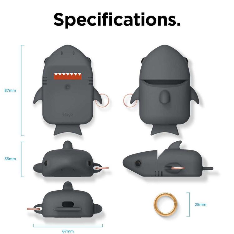 Elago Shark Case Compatible for Apple Airpods, Protect with Style, Durable Premium Silicone, Special Anti-Slip Coating in Cap, Lightweight, Bring It Anywhere w/ You - Dark Gray