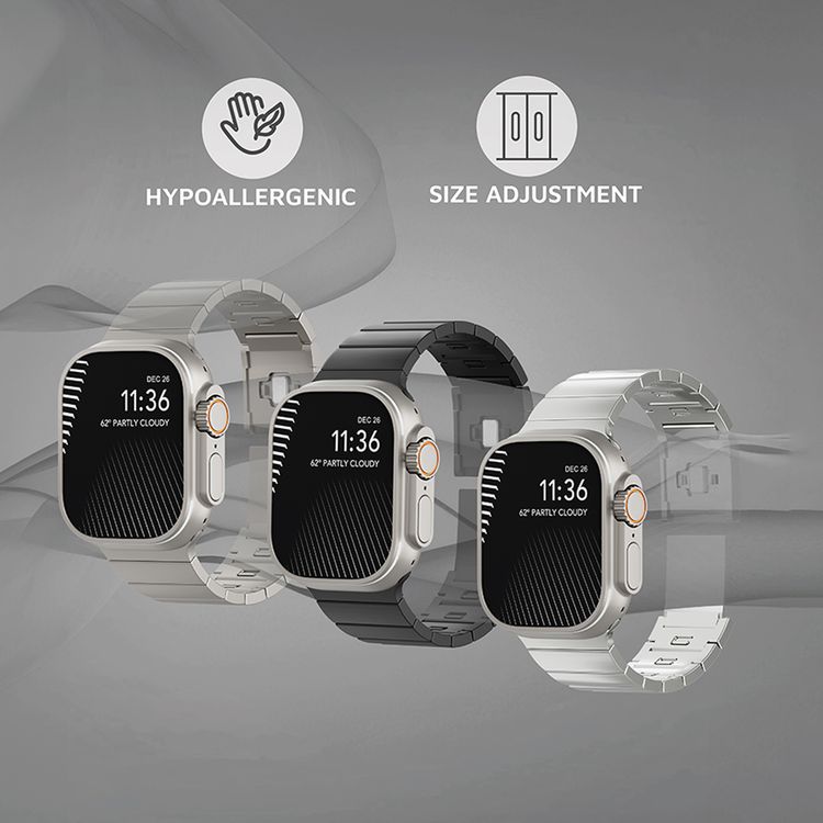 Levelo Yonge Stainless Steel Watch Strap with Adjustable Length for Apple Watch 46/49mm, Compatible with SE, Series 9, 8, 7, 6 & 5, Hypoallergenic Material, Anti-Oxidation Technology, 24/7 Wearability, Water Resistant - Titanium