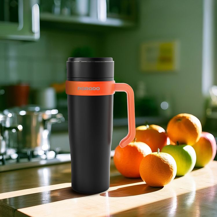 Porodo Lifestyle 6-Blade Portable Blender & Insulated Mug with 900mL Capacity, 18000 RPM Motor Speed, 70W Rated Power, 304 Food-Grade Stainless Steel Material, Keeps Hot & Cold for up to 6 Hours, 2x 1500mAh Battery Capacity, USB-C Charging Interface, Spill-free Lid Design - Black / Orange