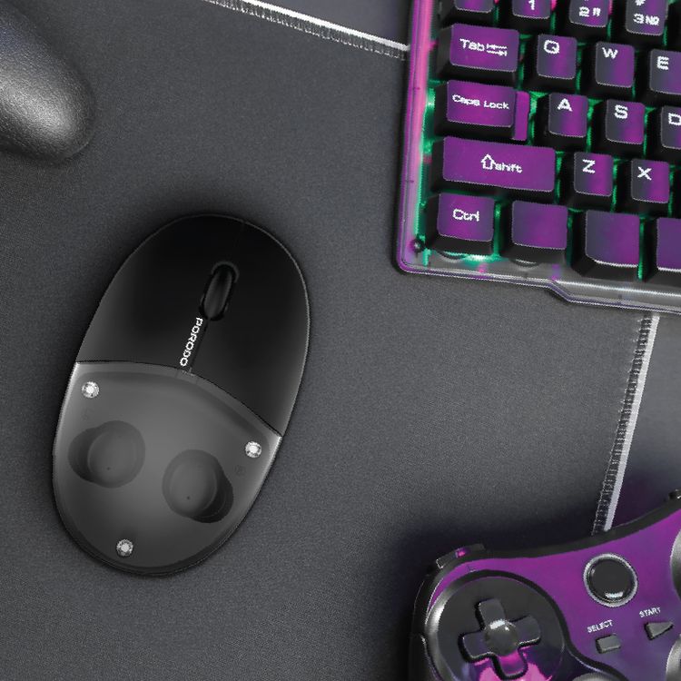 Porodo Wireless TWS Earbuds & Mouse with Transparent Magnetic Cover, Plug & Play, 3 Million Clicks Switch Lifespan, Up to 4 Hours Earbud Battery Life, Up to 30 Hours Mouse Battery Life, 10m Wireless Range - Black