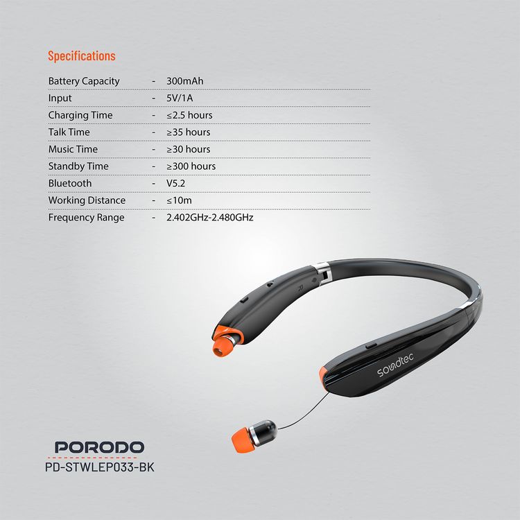 Porodo Soundtec Echo Flex Retractable ENC Neckband with Folding Design, Crystal Clear Audio, High Clarity Mic, Bluetooth V5.2, Multi Point Connection - Black 