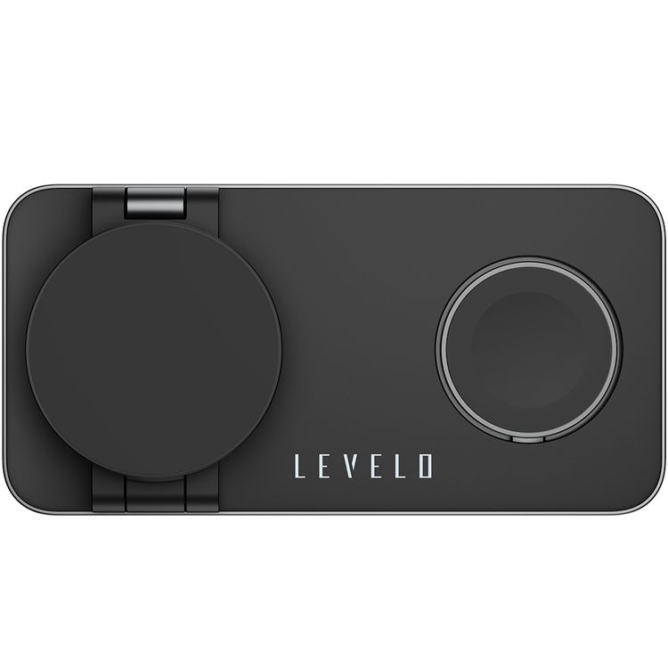 Levelo Quantum 3-in-1 Wireless Charger with 15W Phone Output, 5W AirPods Output, 3W iWatch Output, Strong N52 Magnet, LED Indicator, Compatible with MagSafe, Over Temperature Protection, Simultaneous Charging, Over Voltage Protection, Fast Charging, Foldable Design - Black