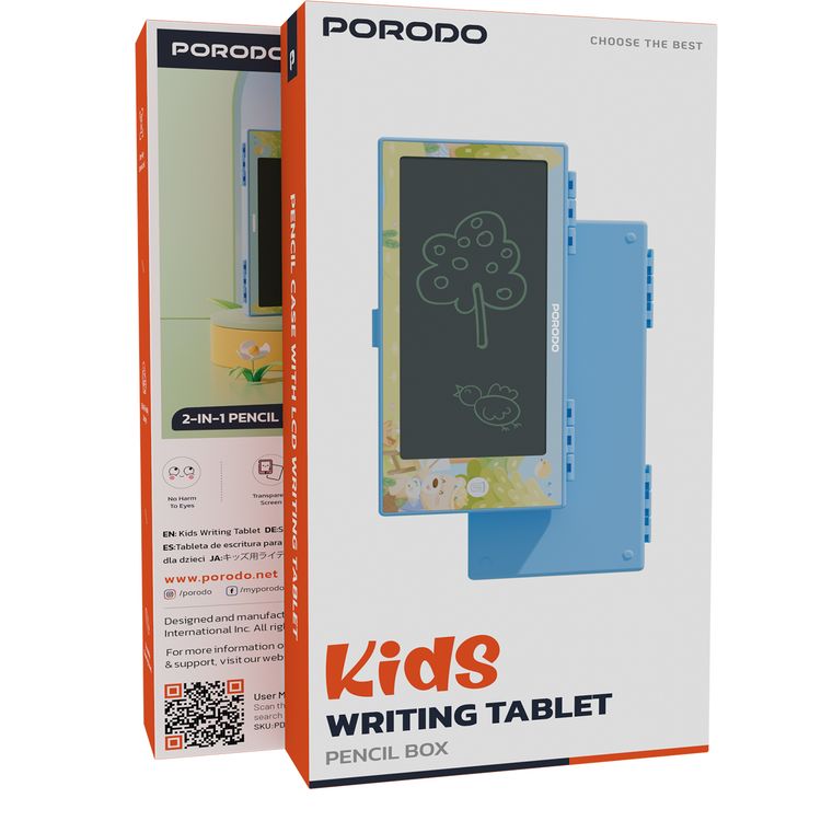 Porodo 2-in-1 Kids 7" LCD Writing Tablet with Pencil Case, One-Key Screen Lock, Battery Case, Erasing Button - Blue