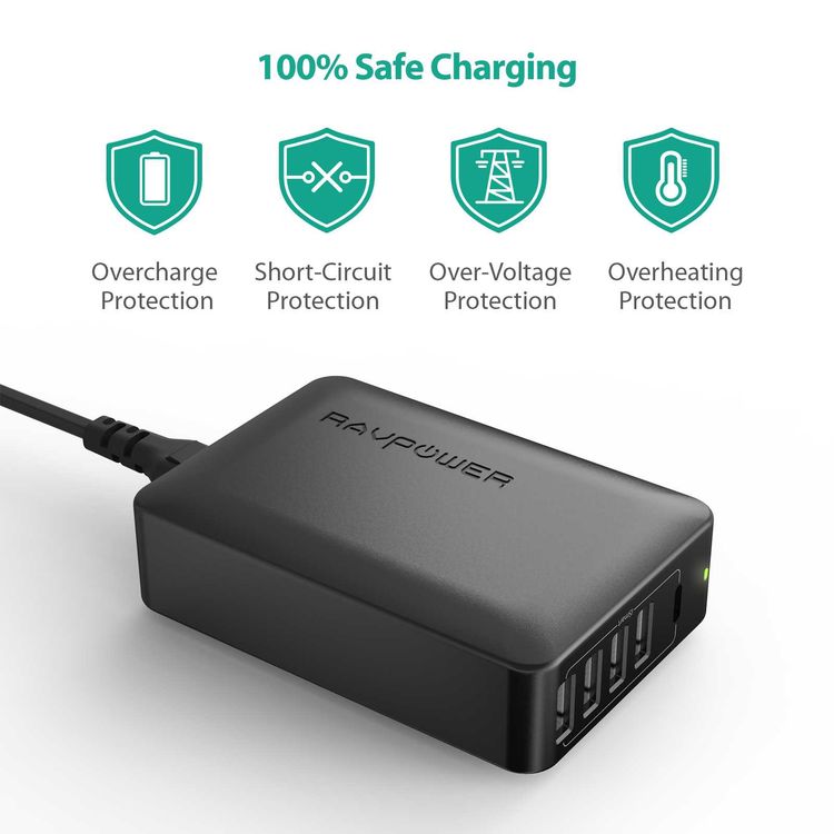 RAVPower 5 Ports USB Desktop Charger Charging Station with USB-C PD 60W - Fast Charging  Portable Mini Size Charger Hub with iSmart 2.0 Technology - Broad Compatibility - Black