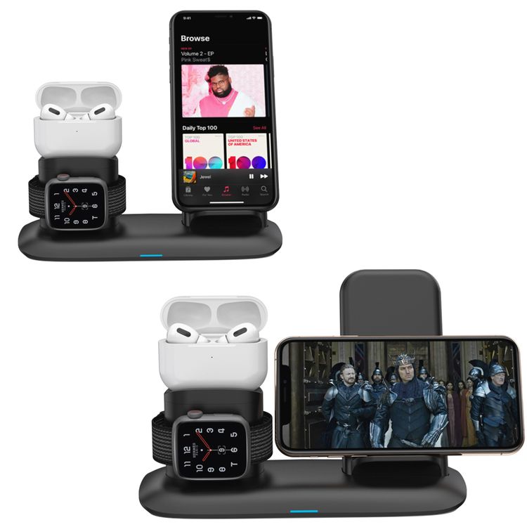 Porodo 4-in-1 Charging Station with Built-in Lightning Connector, Magnetic Charging for AirPods & Smartwatches, 10W Phone Output, 2W Watch Charger Output, Qi Standard - Black