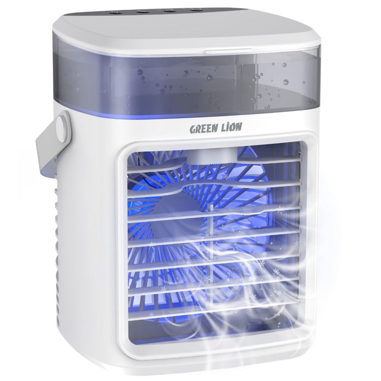 Green Lion Rechargeable Air Cooler Fan with 4 Hours Working Time, Large Water Tank, USB-C Plug-in Use, 3-Blade Fan, Night Light, Quiet Operation - White