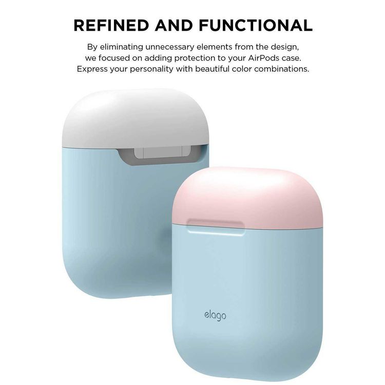 Elago Duo Case for Airpods, 3-in-1 Pastel Color, High Quality Silicone, Shock Resistant, Scratch Resistant, Supports Wireless Charging - Body-Pastel Blue / Top-Pink,White