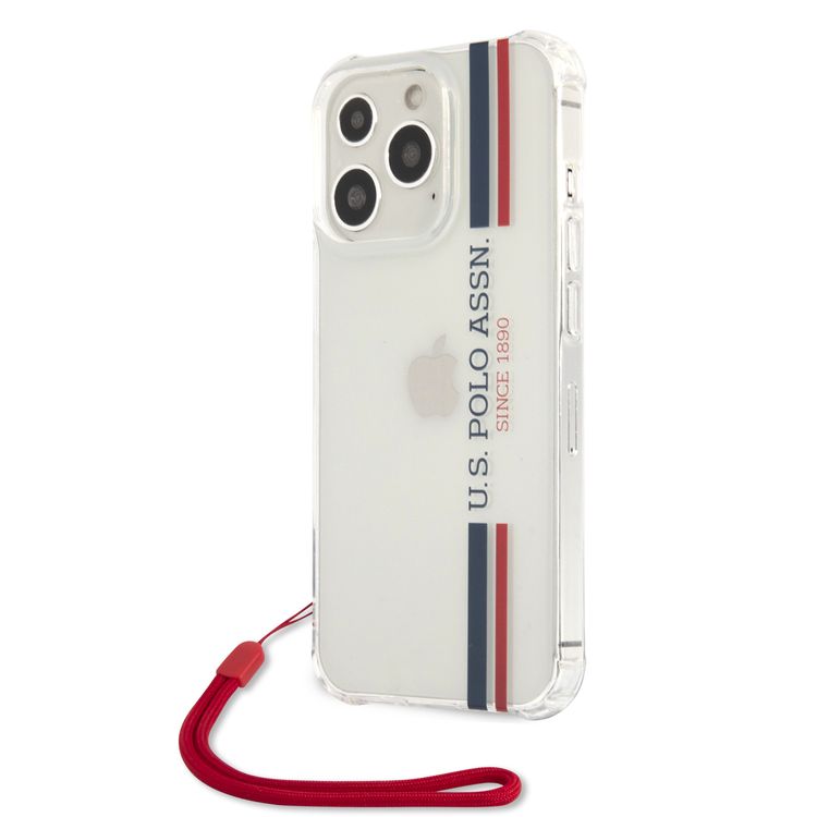 CG MOBILE U.S. Polo Assn. PC/TPU USPA Stripes Logo Shiny Case with Anti-Lost Red Nylon Cord Compatible for iPhone 13 Pro (6.1") Anti-Scratch, Easy Access to All Ports