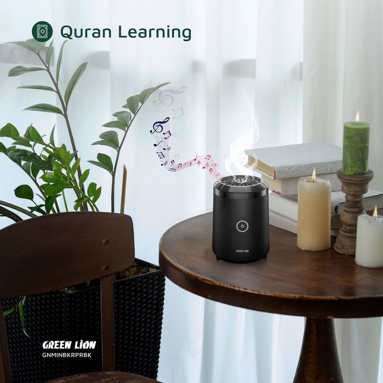 Green Lion Mini Bakhour Pro with Built-in Quran Speaker, 2000mAh Battery Capacity, 18W Power, 10-15 Times Burning Cycle, Remote & App Control, Up to 5 Hours Speaker Playtime - Black
