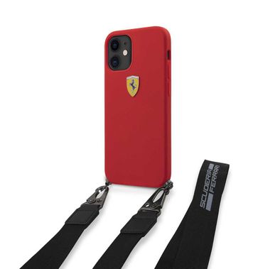 CG Mobile Ferrari On Track Liquid Silicone Hard Case with Removable Strap and Metal Logo for iPhone 12 Mini (5.4") Officially Licensed, Premium Silicone Case, Shock Resistant