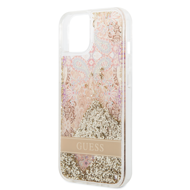 Guess Liquid Glitter Case with Flower Pattern Extra Shine Smooth Touch Feel iPhone 14 Compatibility - Gold