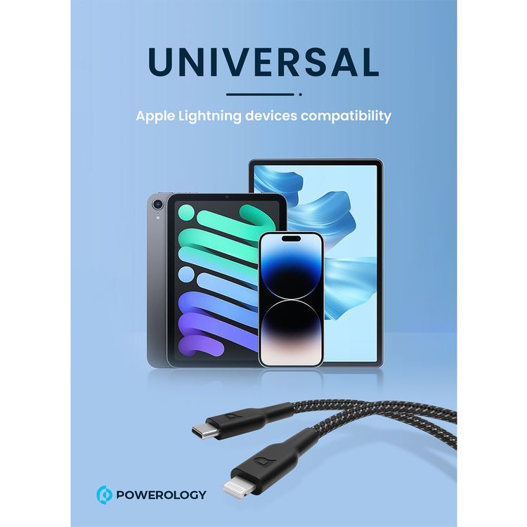 Powerology Braided USB-C to Lightning Charging Cable with Fast Charging & Data Transfer, 60W Power Delivery, Universal Compatibility, 1.2m Cable Length - Black