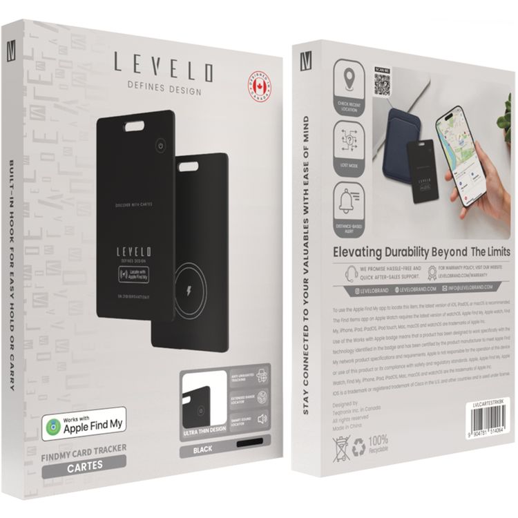 Levelo Cartes FindMy Card Tracker with Extended Range Locator, Check Recent Location, Lost Mode, Smart Sound Locator, Distance-Based Alert, Ultra Thin Design - Black