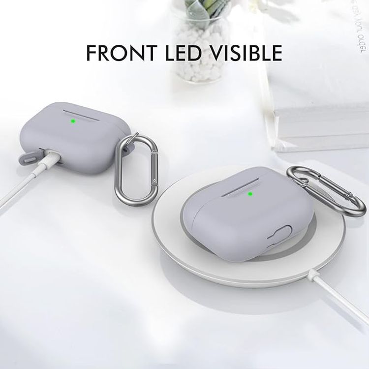 حافظة سيليكون فاخرة بتصميم ثلاثي الأبعاد من Ahastyle مع حلقة تثبيت متوافقة مع AirPods Pro - تصميم كلاسيكي مريح - غطاء مقاوم للغبار والصدمات يدعم الشحن اللاسلكي - رمادي أبيض