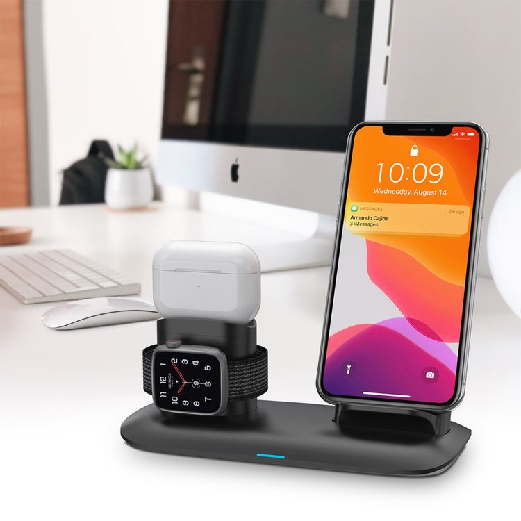 Porodo 4-in-1 Charging Station with Built-in Lightning Connector, Magnetic Charging for AirPods & Smartwatches, 10W Phone Output, 2W Watch Charger Output, Qi Standard - Black