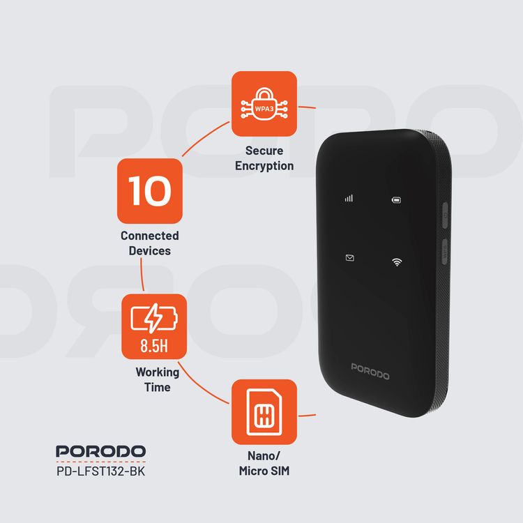 Porodo 4G Wireless Pocket Router with Secure Encryption, 10 Connected Devices, 3000mAh Battery Capacity, 8.5 Hours Working Time, Type-C Charging Port, WiFi 6 Standard, Lightweight and Portable - Black