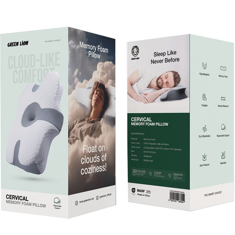Green Lion Cervical Memory Foam Pillow with Middle Soft Hardness, Washable & Foldable Design, Zero Pressure, Dry & Breathable, 45kgs/m3 Density - White / Gray
