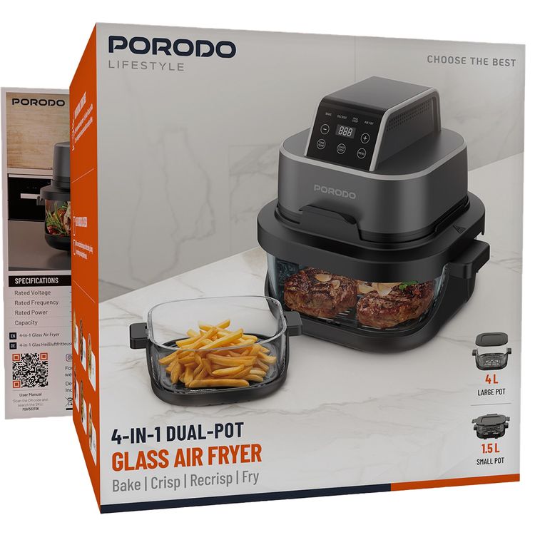 Porodo Lifestyle 4-in-1 Dual-Pot Glass Air Fryer for Bake, Crisp, Recrisp, Fry, 1.5L Small Pot Capacity, 4L Large Pot Capacity, UK 3-Pin Plug Power Cord, Health-Conscious Glass Design, Intelligent Pause Mode, 360° Turbo Heat Technology - Black