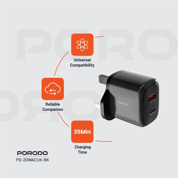 Porodo Dual Output Quick Charger with 20W Power Delivery, QC 18W, UK 3-Pin Plug, Simultaneous Charging, Universal Compatibility - Black