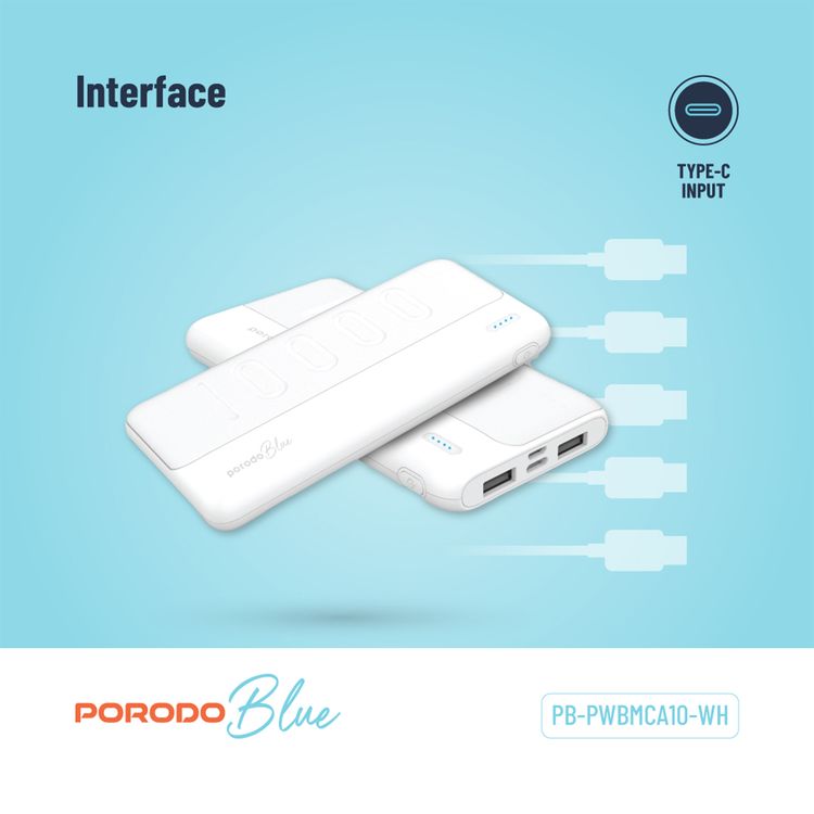 Porodo Blue 10000mAh Slim Power Bank with Dual USB-A Output, Lightweight & Compact Design, Type-C Input, LED Indicator - White