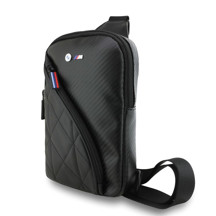 BMW PU Leather & Carbon Crossbody Bag with Metal Logos, High-Quality Materials, Adjustable Strap - Black