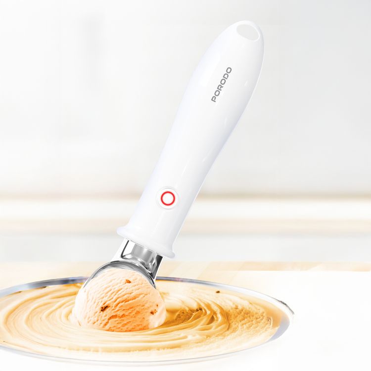 Porodo Rechargeable Heated Ice Cream Scoop with Dual Temperature Modes, 2000mAh Battery, 60-80 Minutes Unloaded Endurance, Rapid Heating Technology, Safety Switch Lock - White